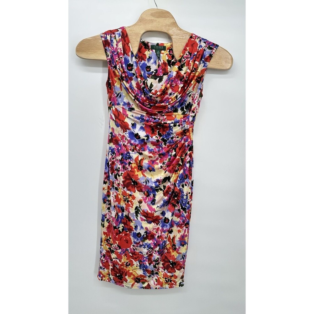 Lauren Ralph Green Label Sleeveless Dress Floral Jersey Print 8 Modest Neck
